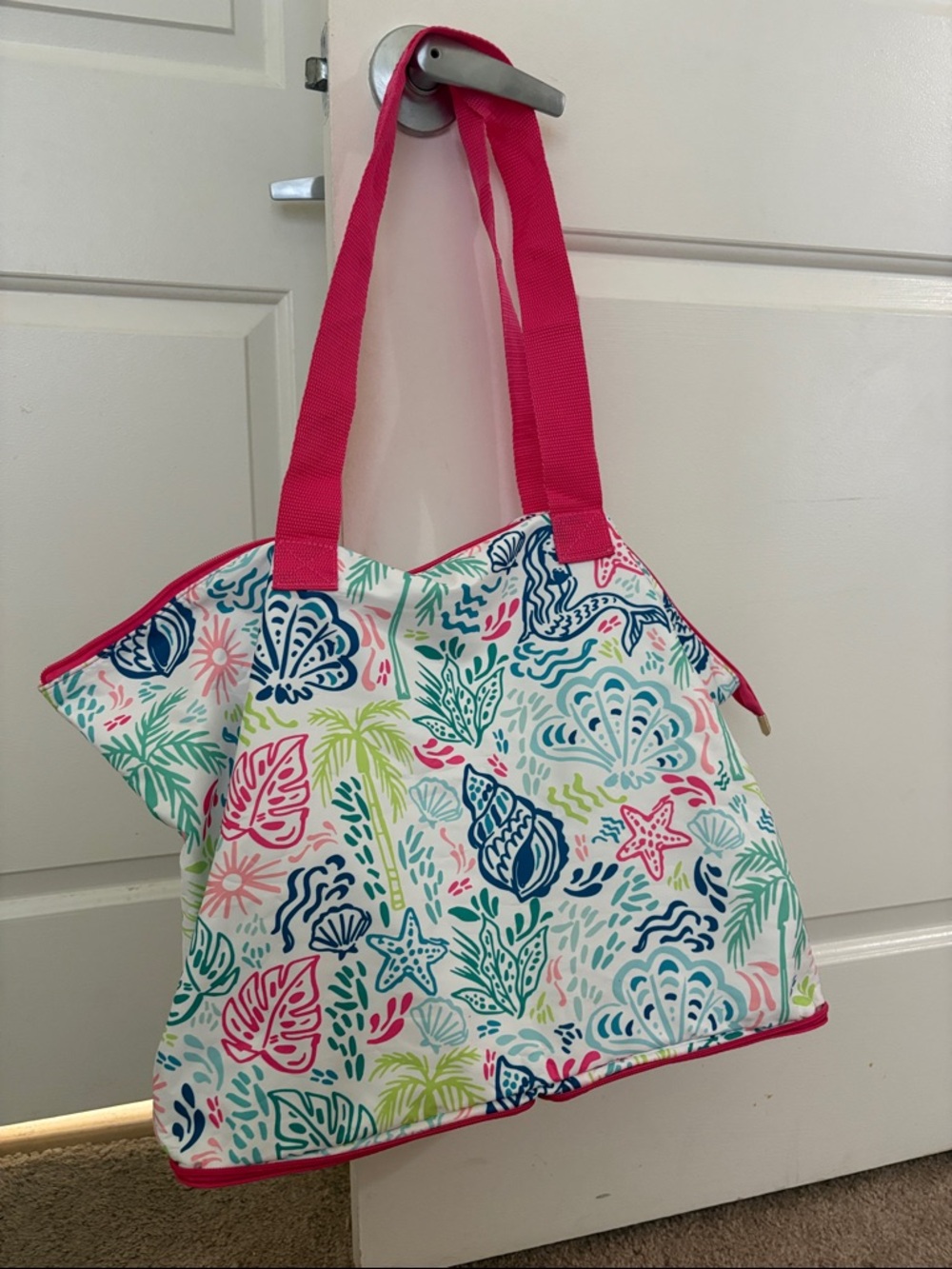 Tropical Print Canvas Tote Bag with Pink Handles